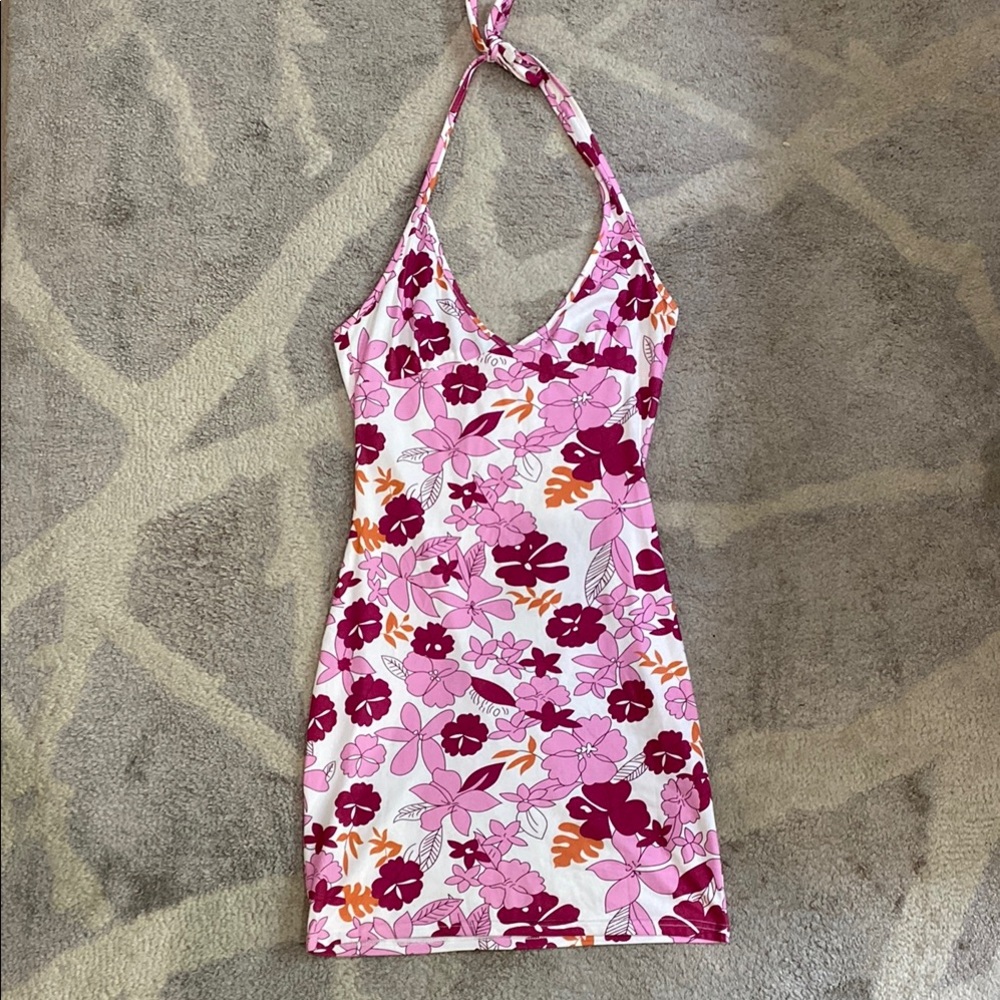 SHEIN Pink and White Floral Halter Dress